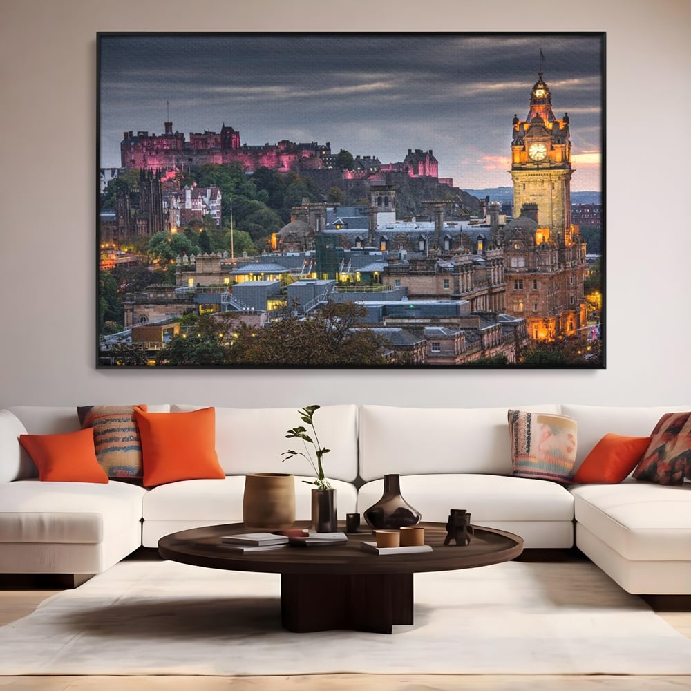 Tablou Canvas Premium, LuxCanva® O1035, Castelul din Edinburgh, Europa, Poveste, Oras, Amurg, Cetate, Legenda, Ceas, Timpuri, Ziduri, Deal, Piatra, Coroana, Scotia, Birou, Living, Dormitor