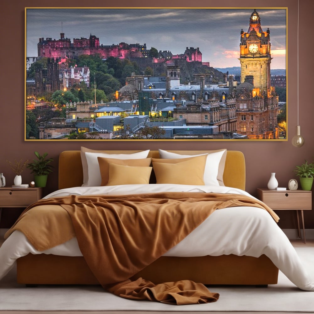 Tablou Canvas Premium, LuxCanva® O1035, Castelul din Edinburgh, Europa, Poveste, Oras, Amurg, Cetate, Legenda, Ceas, Timpuri, Ziduri, Deal, Piatra, Coroana, Scotia, Birou, Living, Dormitor