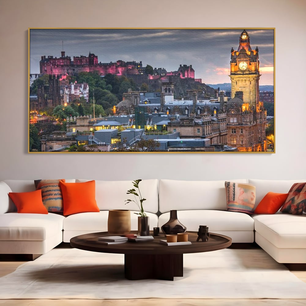 Tablou Canvas Premium, LuxCanva® O1035, Castelul din Edinburgh, Europa, Poveste, Oras, Amurg, Cetate, Legenda, Ceas, Timpuri, Ziduri, Deal, Piatra, Coroana, Scotia, Birou, Living, Dormitor