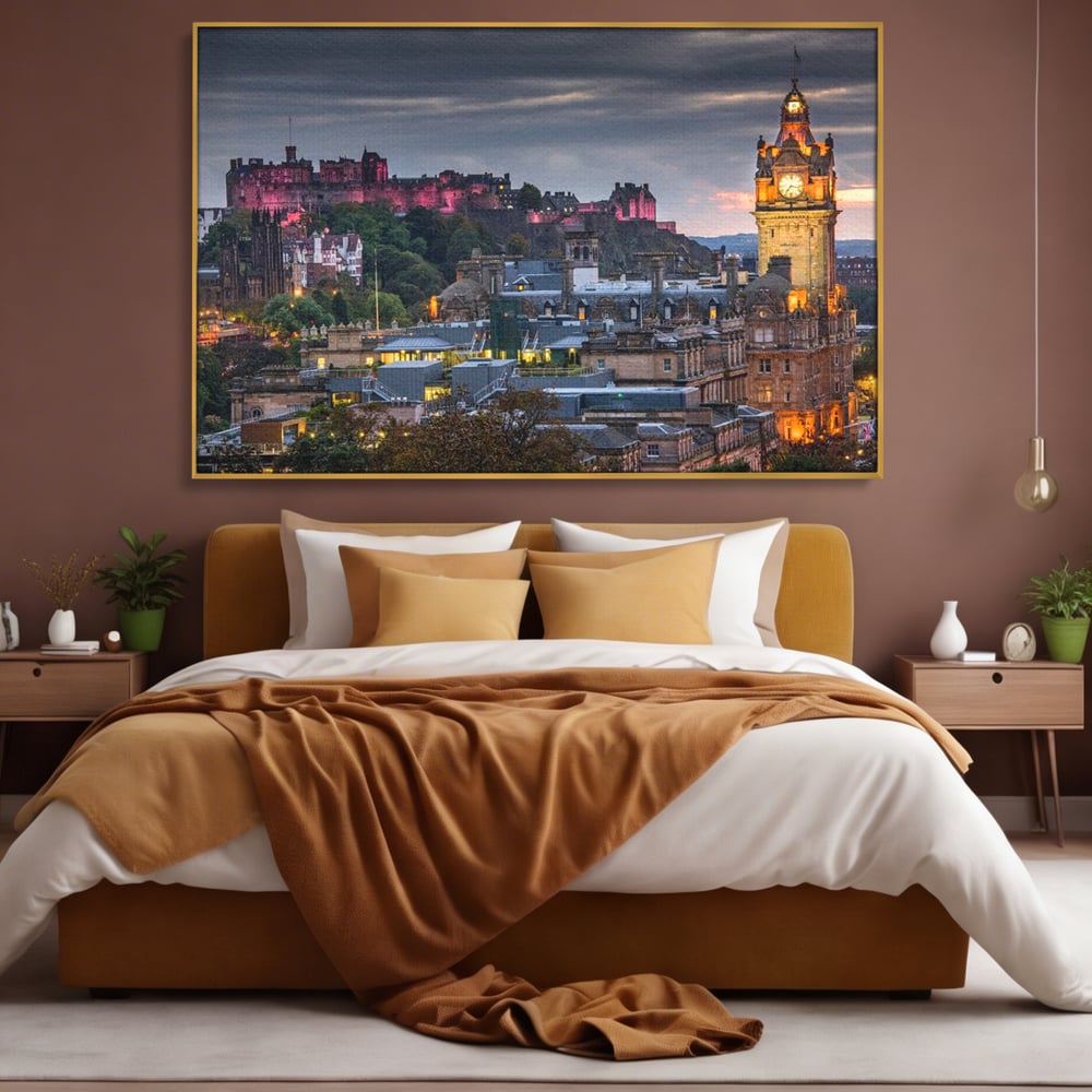 Tablou Canvas Premium, LuxCanva® O1035, Castelul din Edinburgh, Europa, Poveste, Oras, Amurg, Cetate, Legenda, Ceas, Timpuri, Ziduri, Deal, Piatra, Coroana, Scotia, Birou, Living, Dormitor