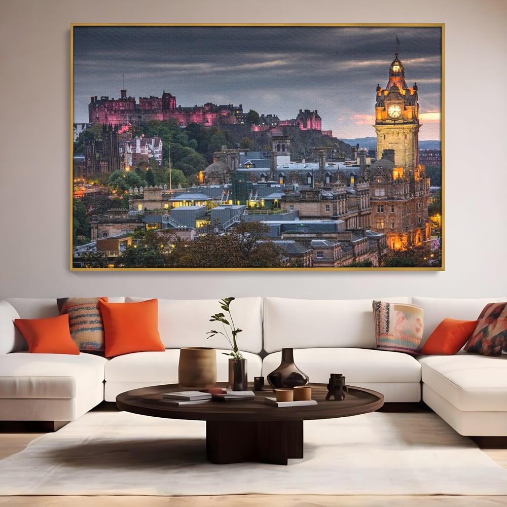 Tablou Canvas Premium, LuxCanva® O1035, Castelul din Edinburgh, Europa, Poveste, Oras, Amurg, Cetate, Legenda, Ceas, Timpuri, Ziduri, Deal, Piatra, Coroana, Scotia, Birou, Living, Dormitor