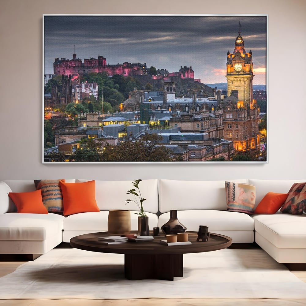Tablou Canvas Premium, LuxCanva® O1035, Castelul din Edinburgh, Europa, Poveste, Oras, Amurg, Cetate, Legenda, Ceas, Timpuri, Ziduri, Deal, Piatra, Coroana, Scotia, Birou, Living, Dormitor