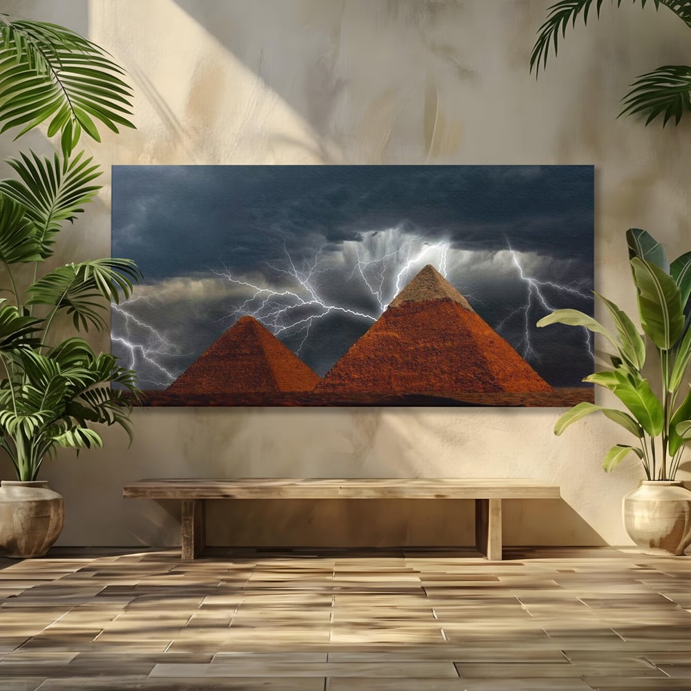Tablou Canvas Premium, LuxCanva® O1036, Piramide sub Furtuna Zeilor, Energie, Cosmic, Egipt, Antic, Nil, Mister, Fulger, Natura, Involburat, Cer, Mit, Legenda, Mitologic, Birou, Living, Dormitor