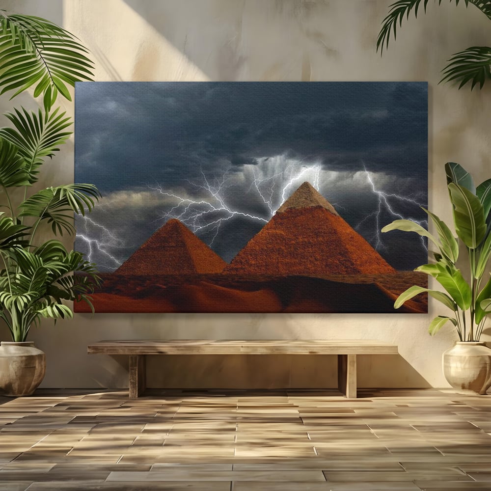 Tablou Canvas Premium, LuxCanva® O1036, Piramide sub Furtuna Zeilor, Energie, Cosmic, Egipt, Antic, Nil, Mister, Fulger, Natura, Involburat, Cer, Mit, Legenda, Mitologic, Birou, Living, Dormitor