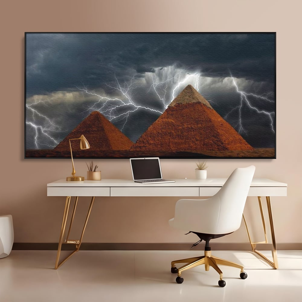 Tablou Canvas Premium, LuxCanva® O1036, Piramide sub Furtuna Zeilor, Energie, Cosmic, Egipt, Antic, Nil, Mister, Fulger, Natura, Involburat, Cer, Mit, Legenda, Mitologic, Birou, Living, Dormitor