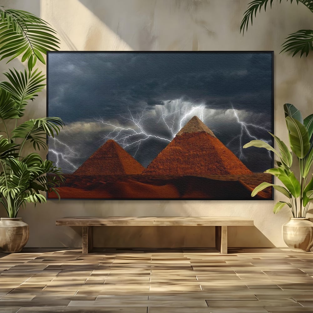 Tablou Canvas Premium, LuxCanva® O1036, Piramide sub Furtuna Zeilor, Energie, Cosmic, Egipt, Antic, Nil, Mister, Fulger, Natura, Involburat, Cer, Mit, Legenda, Mitologic, Birou, Living, Dormitor