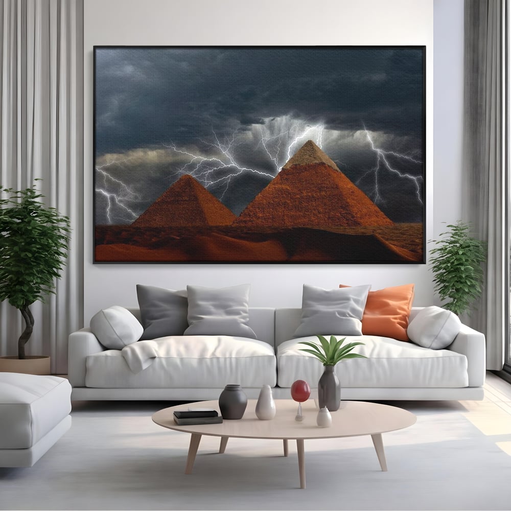 Tablou Canvas Premium, LuxCanva® O1036, Piramide sub Furtuna Zeilor, Energie, Cosmic, Egipt, Antic, Nil, Mister, Fulger, Natura, Involburat, Cer, Mit, Legenda, Mitologic, Birou, Living, Dormitor