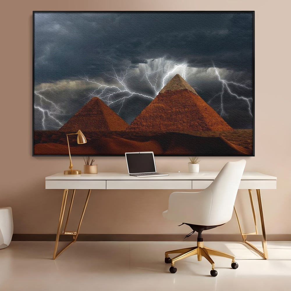 Tablou Canvas Premium, LuxCanva® O1036, Piramide sub Furtuna Zeilor, Energie, Cosmic, Egipt, Antic, Nil, Mister, Fulger, Natura, Involburat, Cer, Mit, Legenda, Mitologic, Birou, Living, Dormitor
