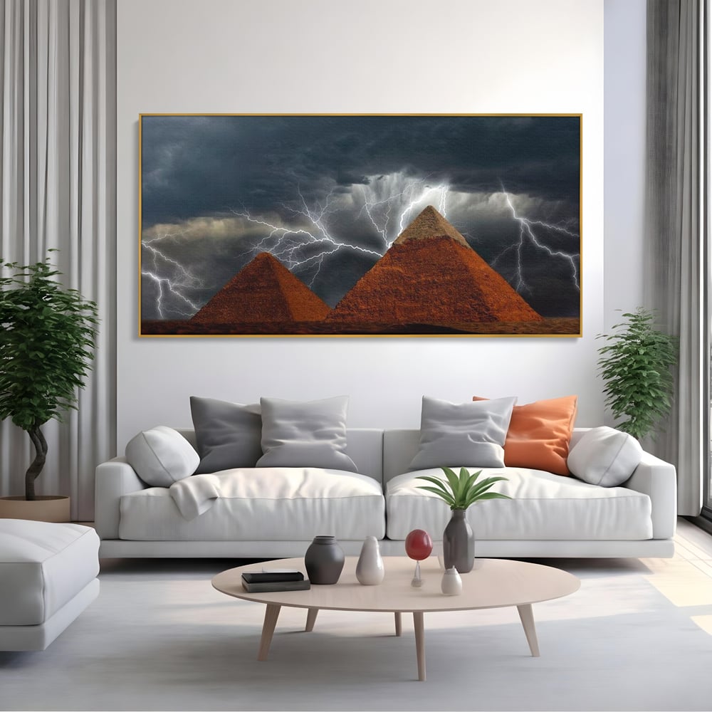 Tablou Canvas Premium, LuxCanva® O1036, Piramide sub Furtuna Zeilor, Energie, Cosmic, Egipt, Antic, Nil, Mister, Fulger, Natura, Involburat, Cer, Mit, Legenda, Mitologic, Birou, Living, Dormitor