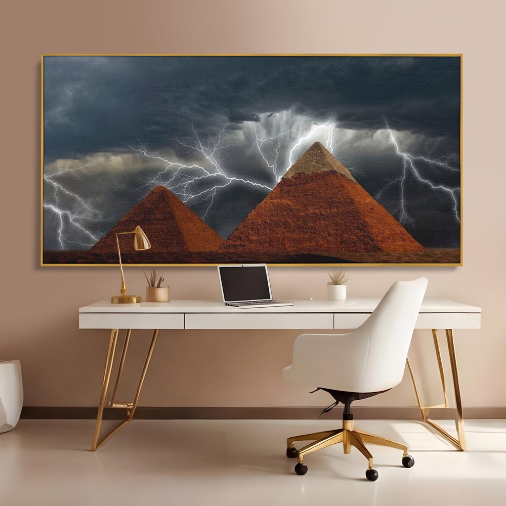 Tablou Canvas Premium, LuxCanva® O1036, Piramide sub Furtuna Zeilor, Energie, Cosmic, Egipt, Antic, Nil, Mister, Fulger, Natura, Involburat, Cer, Mit, Legenda, Mitologic, Birou, Living, Dormitor