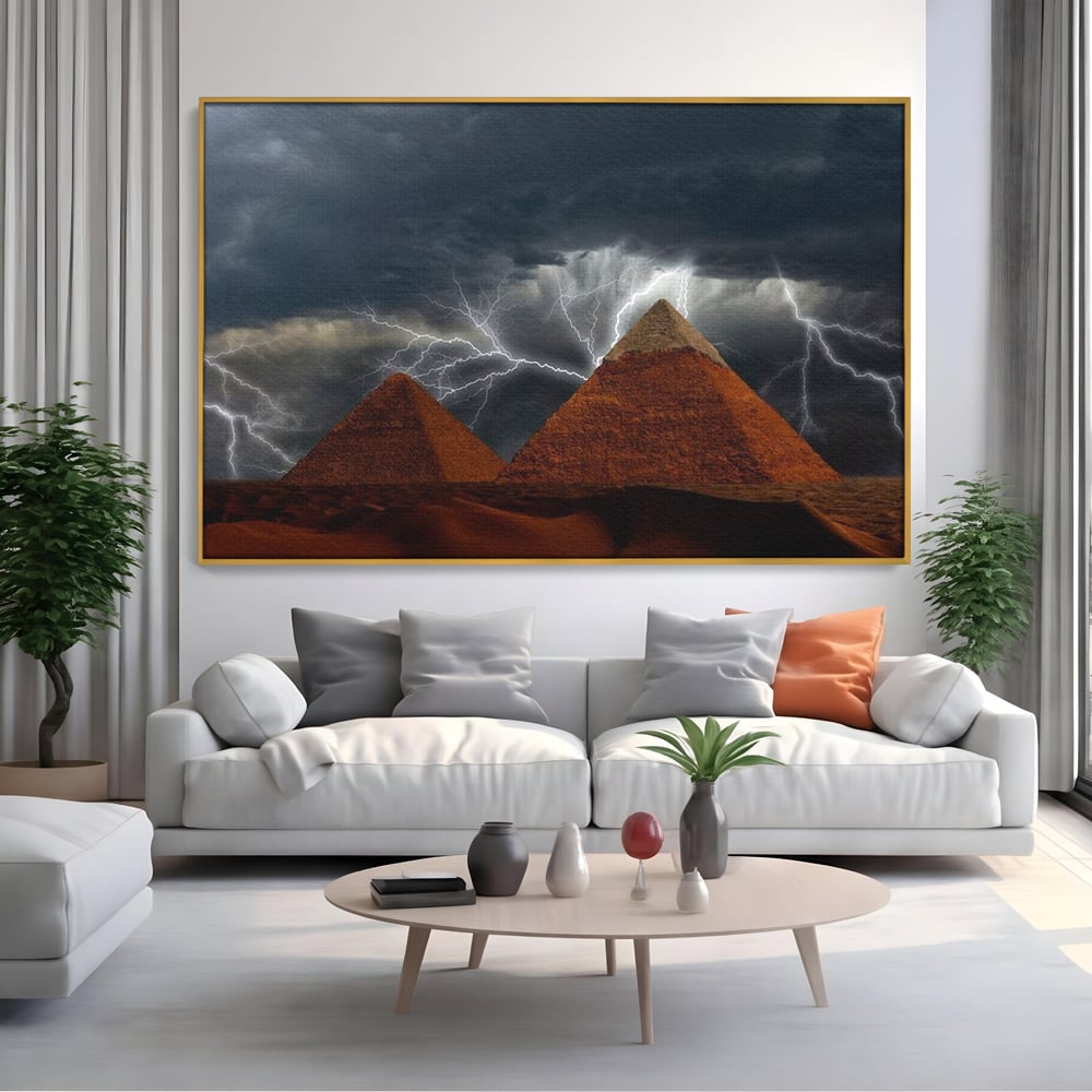 Tablou Canvas Premium, LuxCanva® O1036, Piramide sub Furtuna Zeilor, Energie, Cosmic, Egipt, Antic, Nil, Mister, Fulger, Natura, Involburat, Cer, Mit, Legenda, Mitologic, Birou, Living, Dormitor