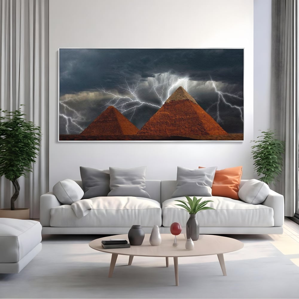 Tablou Canvas Premium, LuxCanva® O1036, Piramide sub Furtuna Zeilor, Energie, Cosmic, Egipt, Antic, Nil, Mister, Fulger, Natura, Involburat, Cer, Mit, Legenda, Mitologic, Birou, Living, Dormitor