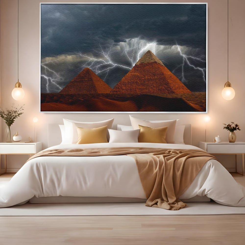 Tablou Canvas Premium, LuxCanva® O1036, Piramide sub Furtuna Zeilor, Energie, Cosmic, Egipt, Antic, Nil, Mister, Fulger, Natura, Involburat, Cer, Mit, Legenda, Mitologic, Birou, Living, Dormitor
