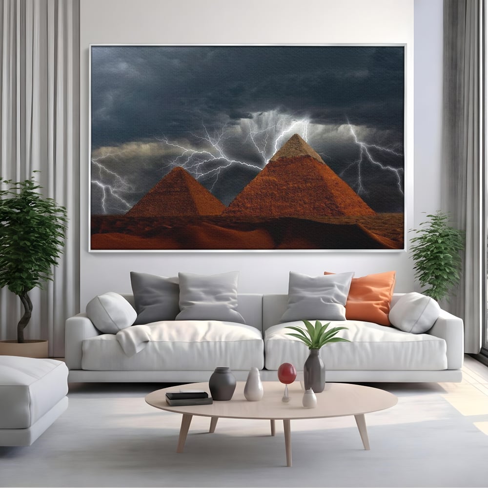 Tablou Canvas Premium, LuxCanva® O1036, Piramide sub Furtuna Zeilor, Energie, Cosmic, Egipt, Antic, Nil, Mister, Fulger, Natura, Involburat, Cer, Mit, Legenda, Mitologic, Birou, Living, Dormitor