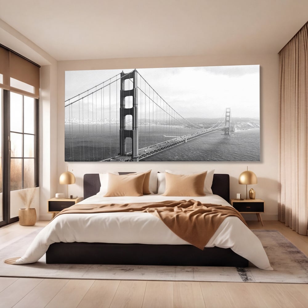 Tablou Canvas Premium, LuxCanva® O1037, Podul dintre Doua Lumi, Golden, Gate, San Francisco, Infinit, Monocrom, Pacific, Ocean, Inginerie, Suspendat, California, Forta, Birou, Living, Dormitor