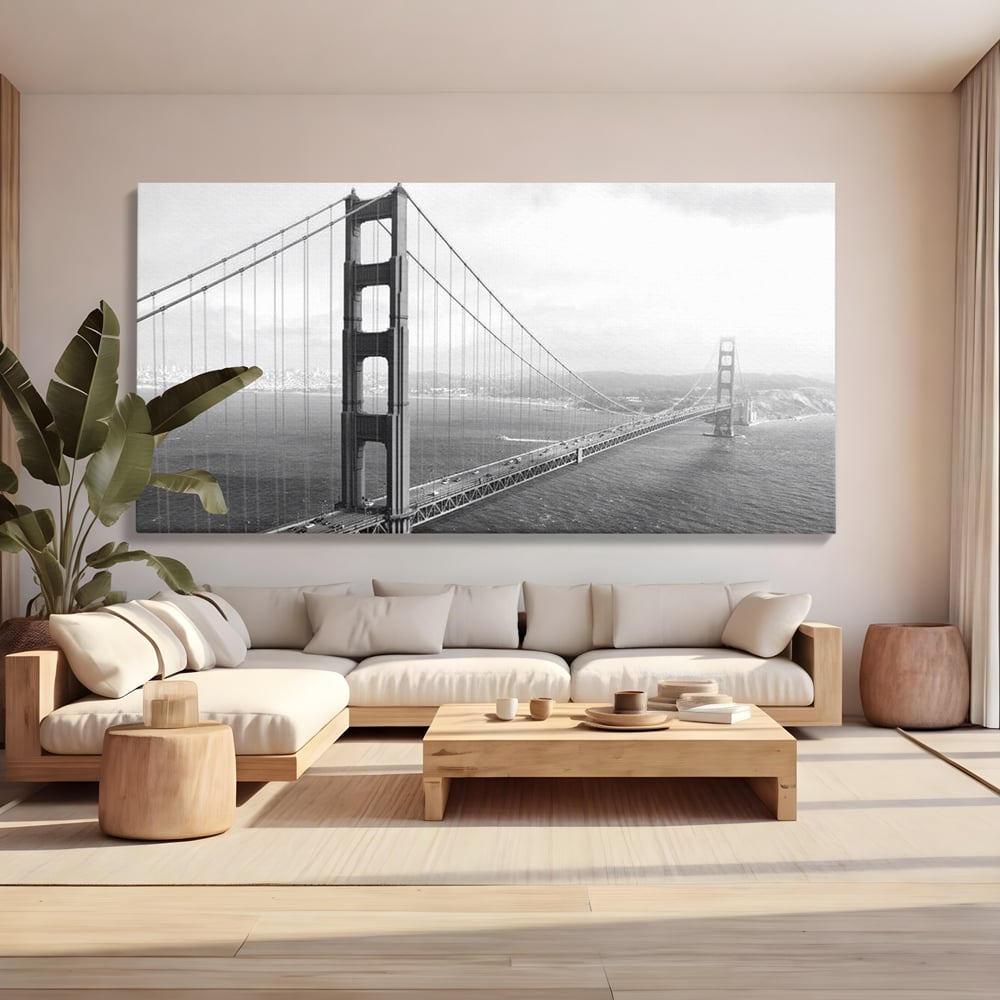 Tablou Canvas Premium, LuxCanva® O1037, Podul dintre Doua Lumi, Golden, Gate, San Francisco, Infinit, Monocrom, Pacific, Ocean, Inginerie, Suspendat, California, Forta, Birou, Living, Dormitor