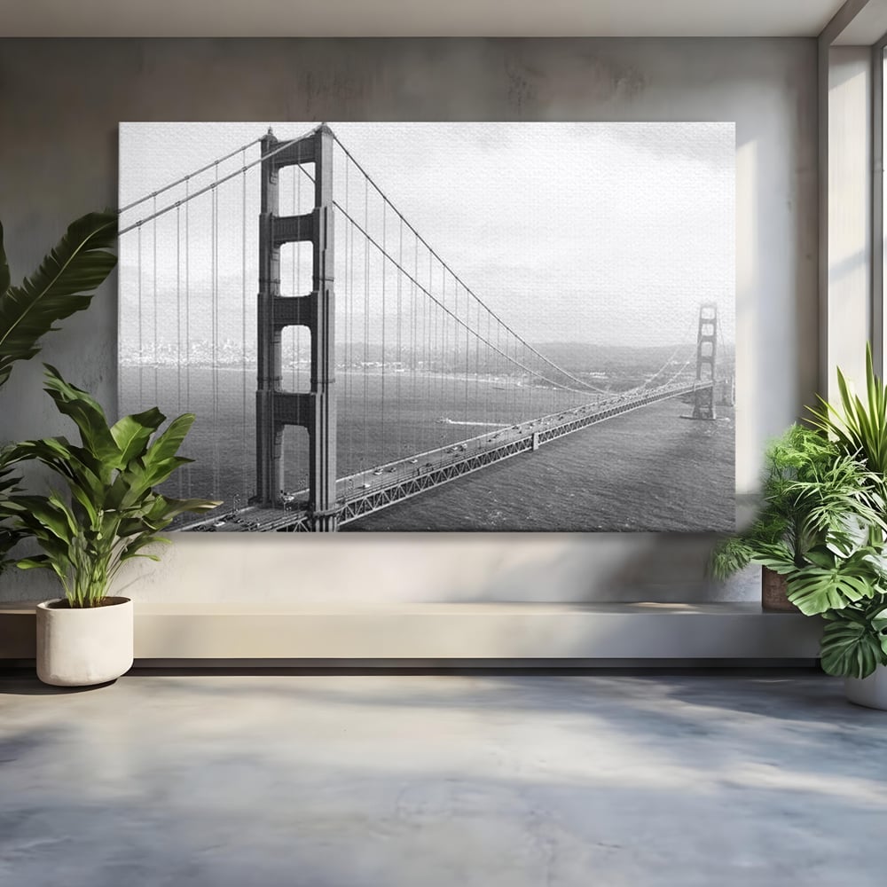 Tablou Canvas Premium, LuxCanva® O1037, Podul dintre Doua Lumi, Golden, Gate, San Francisco, Infinit, Monocrom, Pacific, Ocean, Inginerie, Suspendat, California, Forta, Birou, Living, Dormitor