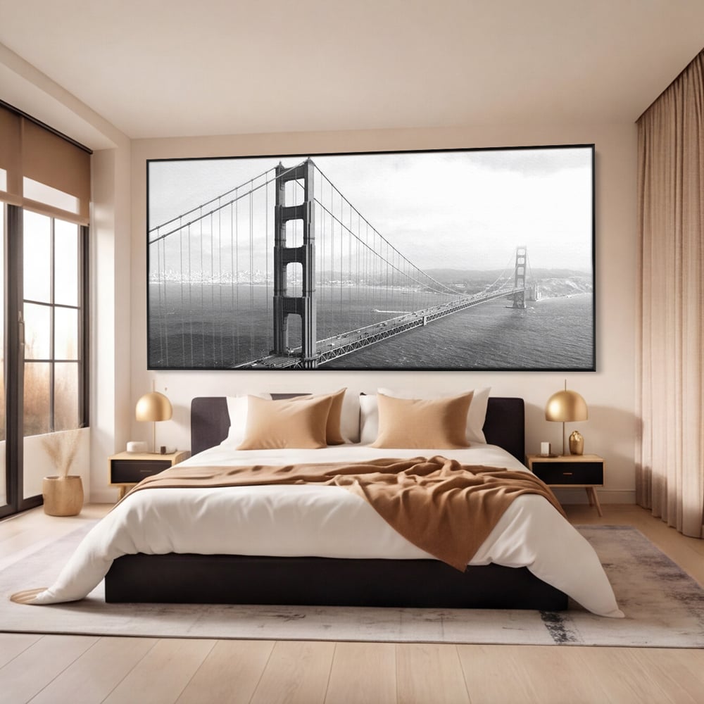 Tablou Canvas Premium, LuxCanva® O1037, Podul dintre Doua Lumi, Golden, Gate, San Francisco, Infinit, Monocrom, Pacific, Ocean, Inginerie, Suspendat, California, Forta, Birou, Living, Dormitor
