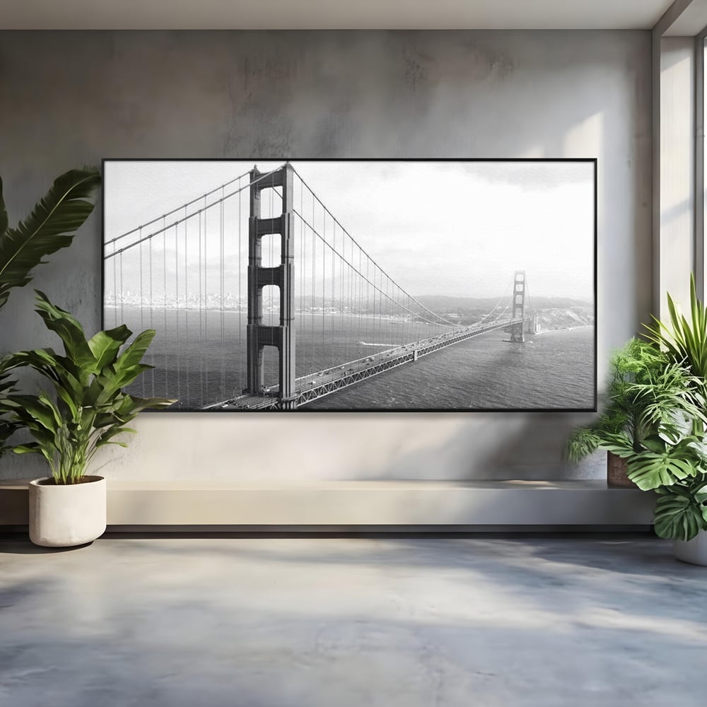 Tablou Canvas Premium, LuxCanva® O1037, Podul dintre Doua Lumi, Golden, Gate, San Francisco, Infinit, Monocrom, Pacific, Ocean, Inginerie, Suspendat, California, Forta, Birou, Living, Dormitor