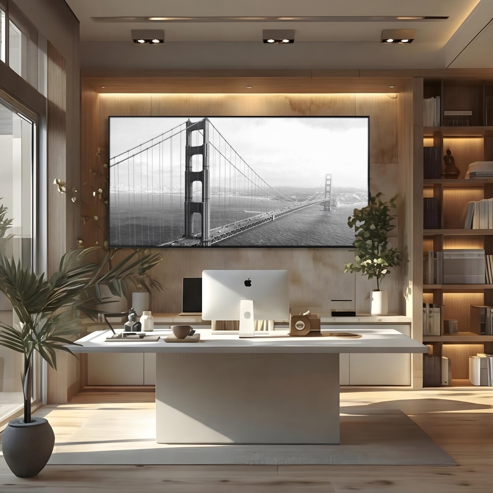 Tablou Canvas Premium, LuxCanva® O1037, Podul dintre Doua Lumi, Golden, Gate, San Francisco, Infinit, Monocrom, Pacific, Ocean, Inginerie, Suspendat, California, Forta, Birou, Living, Dormitor