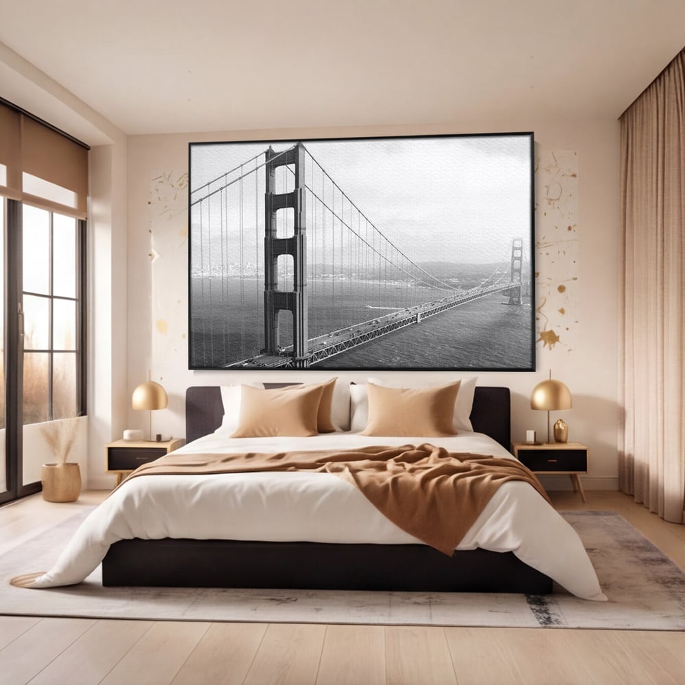 Tablou Canvas Premium, LuxCanva® O1037, Podul dintre Doua Lumi, Golden, Gate, San Francisco, Infinit, Monocrom, Pacific, Ocean, Inginerie, Suspendat, California, Forta, Birou, Living, Dormitor