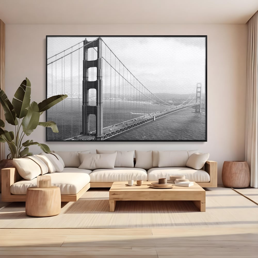 Tablou Canvas Premium, LuxCanva® O1037, Podul dintre Doua Lumi, Golden, Gate, San Francisco, Infinit, Monocrom, Pacific, Ocean, Inginerie, Suspendat, California, Forta, Birou, Living, Dormitor