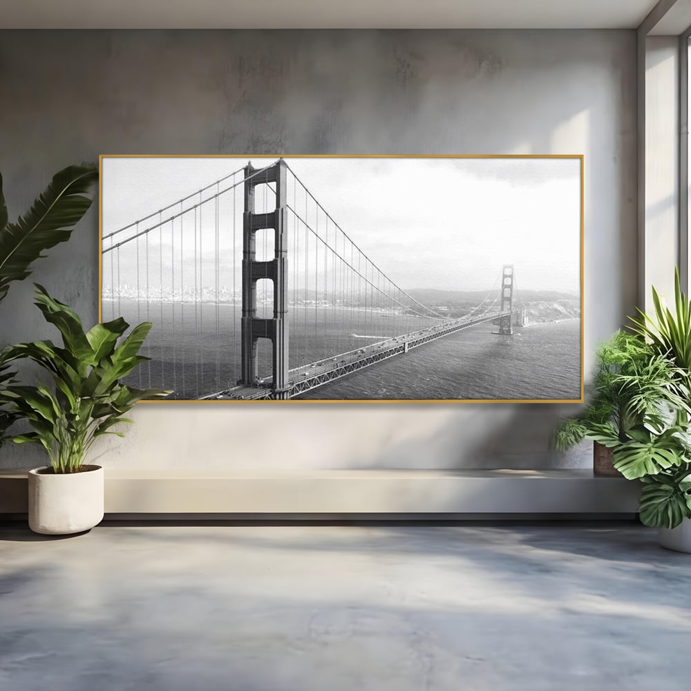 Tablou Canvas Premium, LuxCanva® O1037, Podul dintre Doua Lumi, Golden, Gate, San Francisco, Infinit, Monocrom, Pacific, Ocean, Inginerie, Suspendat, California, Forta, Birou, Living, Dormitor