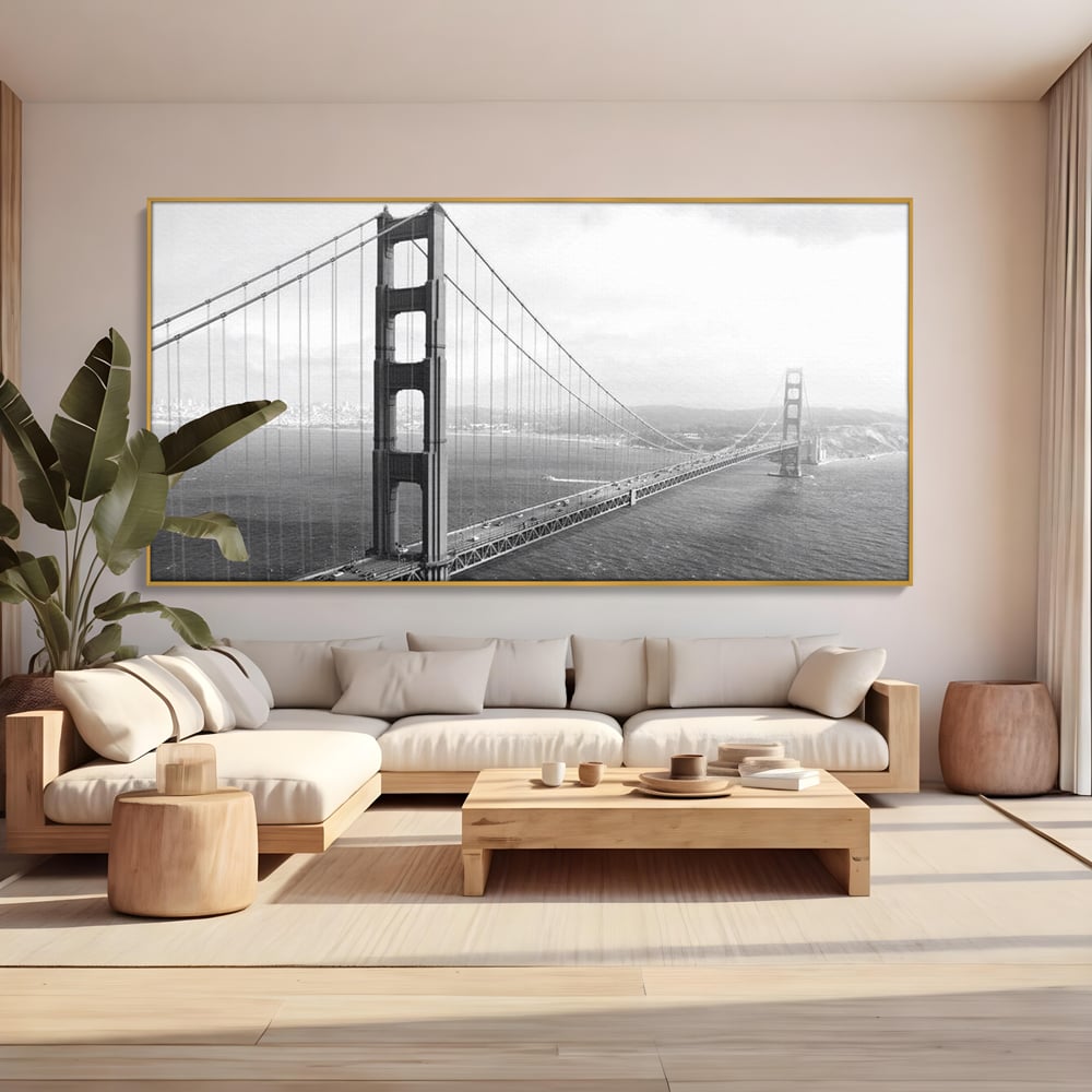 Tablou Canvas Premium, LuxCanva® O1037, Podul dintre Doua Lumi, Golden, Gate, San Francisco, Infinit, Monocrom, Pacific, Ocean, Inginerie, Suspendat, California, Forta, Birou, Living, Dormitor