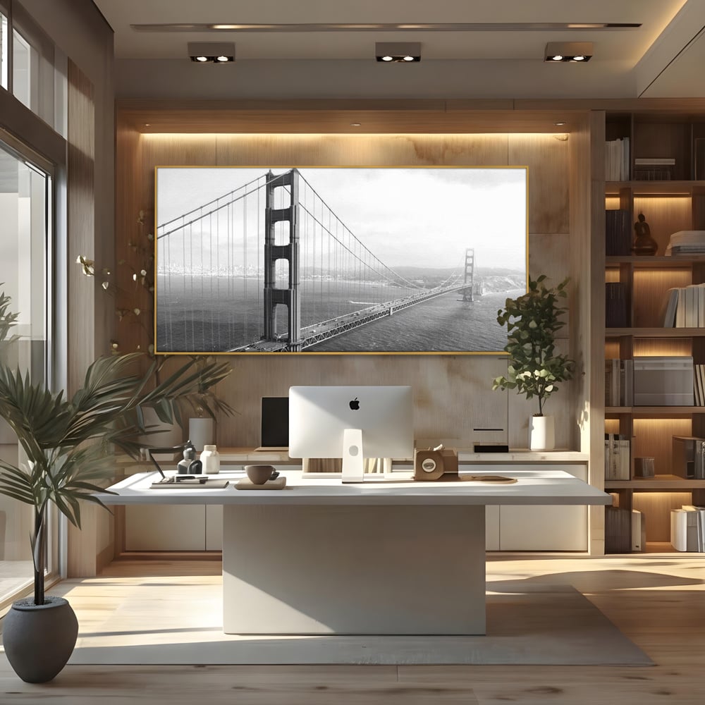 Tablou Canvas Premium, LuxCanva® O1037, Podul dintre Doua Lumi, Golden, Gate, San Francisco, Infinit, Monocrom, Pacific, Ocean, Inginerie, Suspendat, California, Forta, Birou, Living, Dormitor