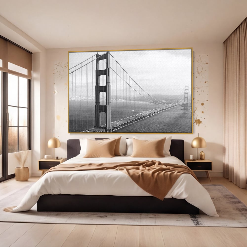 Tablou Canvas Premium, LuxCanva® O1037, Podul dintre Doua Lumi, Golden, Gate, San Francisco, Infinit, Monocrom, Pacific, Ocean, Inginerie, Suspendat, California, Forta, Birou, Living, Dormitor
