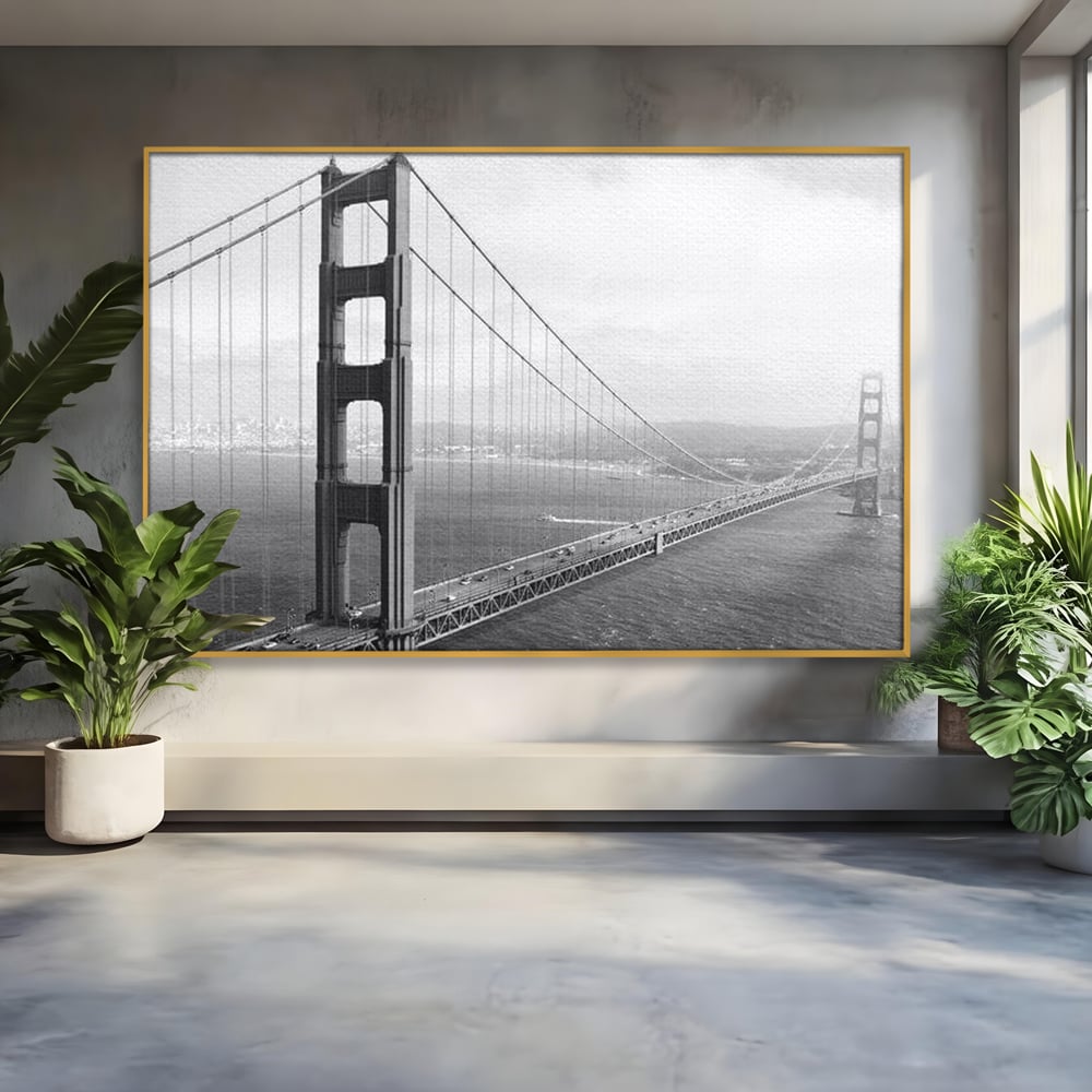 Tablou Canvas Premium, LuxCanva® O1037, Podul dintre Doua Lumi, Golden, Gate, San Francisco, Infinit, Monocrom, Pacific, Ocean, Inginerie, Suspendat, California, Forta, Birou, Living, Dormitor