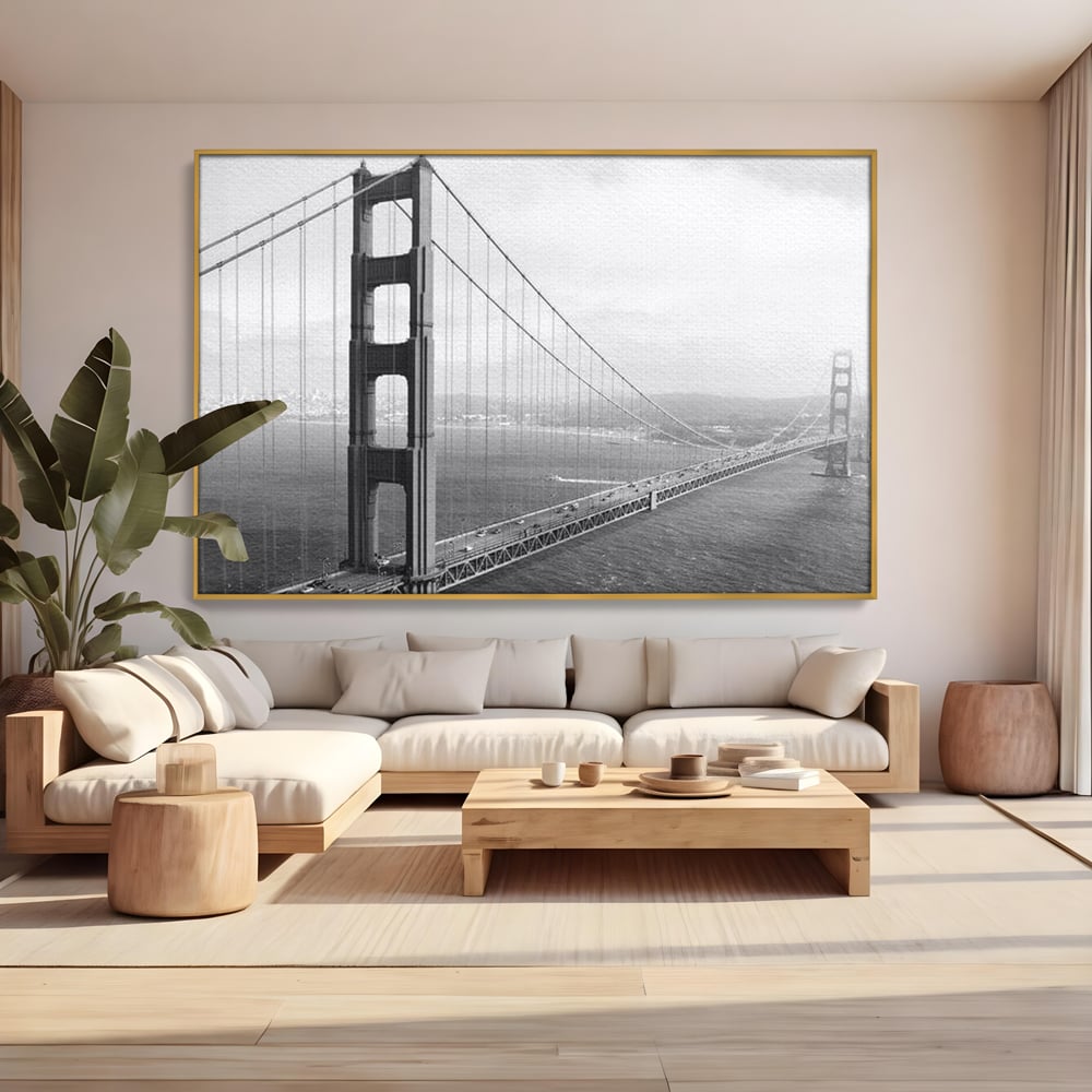 Tablou Canvas Premium, LuxCanva® O1037, Podul dintre Doua Lumi, Golden, Gate, San Francisco, Infinit, Monocrom, Pacific, Ocean, Inginerie, Suspendat, California, Forta, Birou, Living, Dormitor