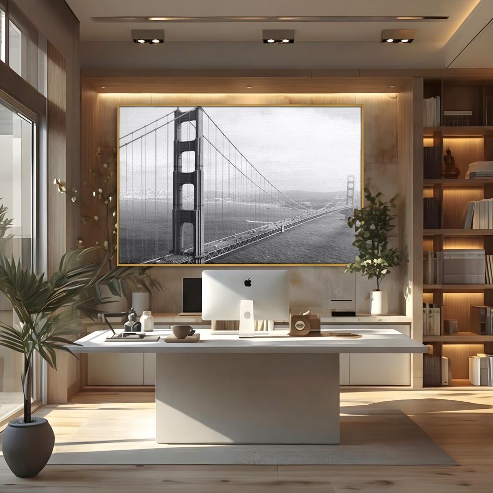 Tablou Canvas Premium, LuxCanva® O1037, Podul dintre Doua Lumi, Golden, Gate, San Francisco, Infinit, Monocrom, Pacific, Ocean, Inginerie, Suspendat, California, Forta, Birou, Living, Dormitor