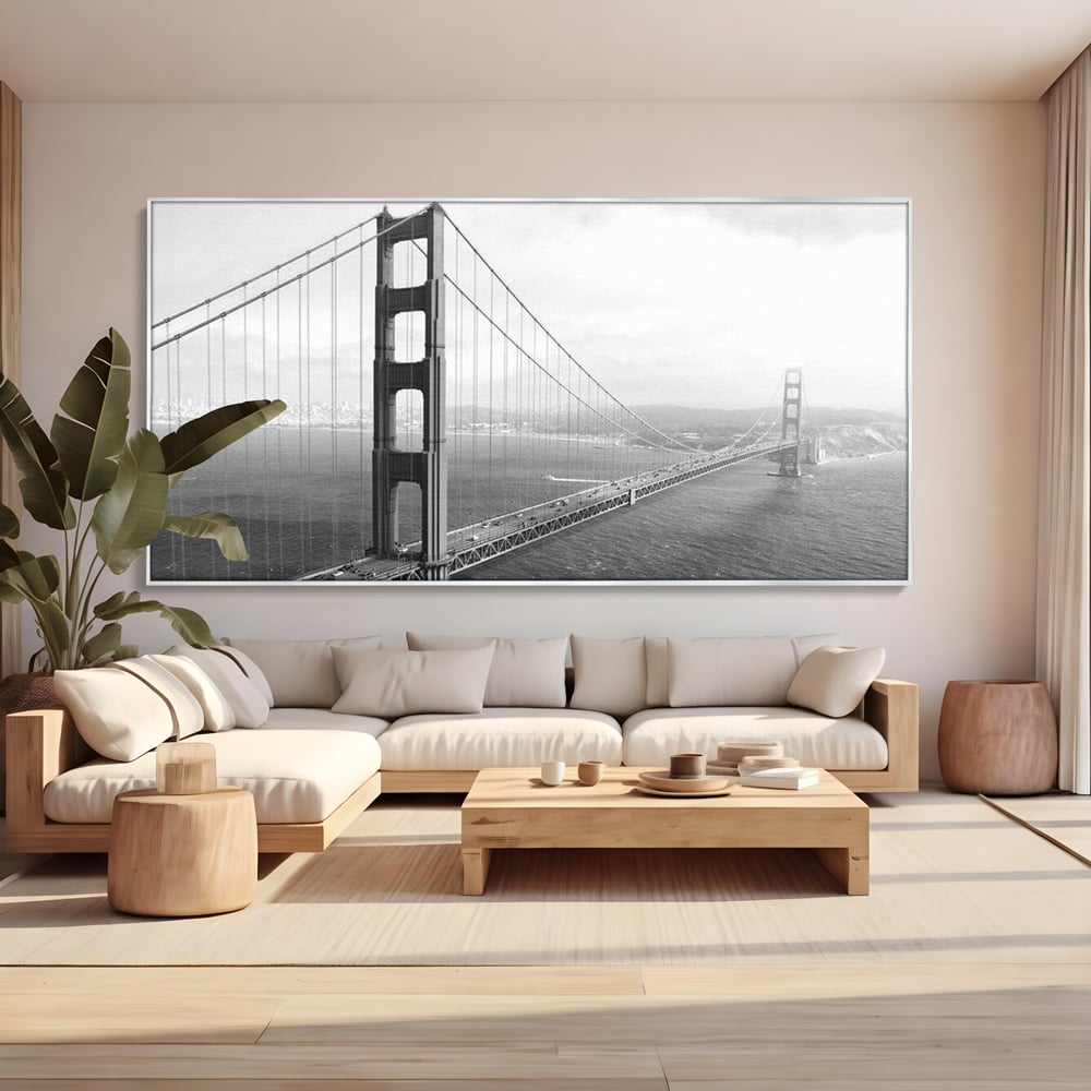 Tablou Canvas Premium, LuxCanva® O1037, Podul dintre Doua Lumi, Golden, Gate, San Francisco, Infinit, Monocrom, Pacific, Ocean, Inginerie, Suspendat, California, Forta, Birou, Living, Dormitor