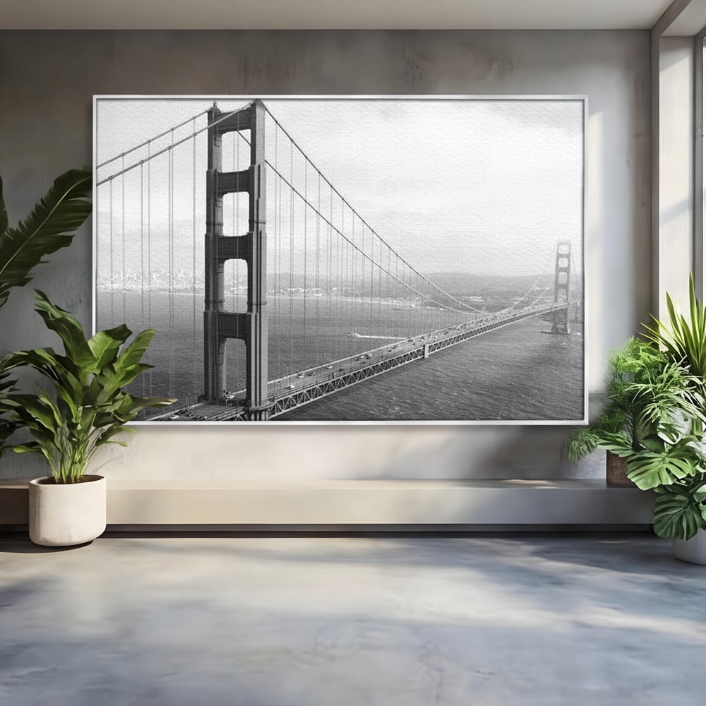 Tablou Canvas Premium, LuxCanva® O1037, Podul dintre Doua Lumi, Golden, Gate, San Francisco, Infinit, Monocrom, Pacific, Ocean, Inginerie, Suspendat, California, Forta, Birou, Living, Dormitor