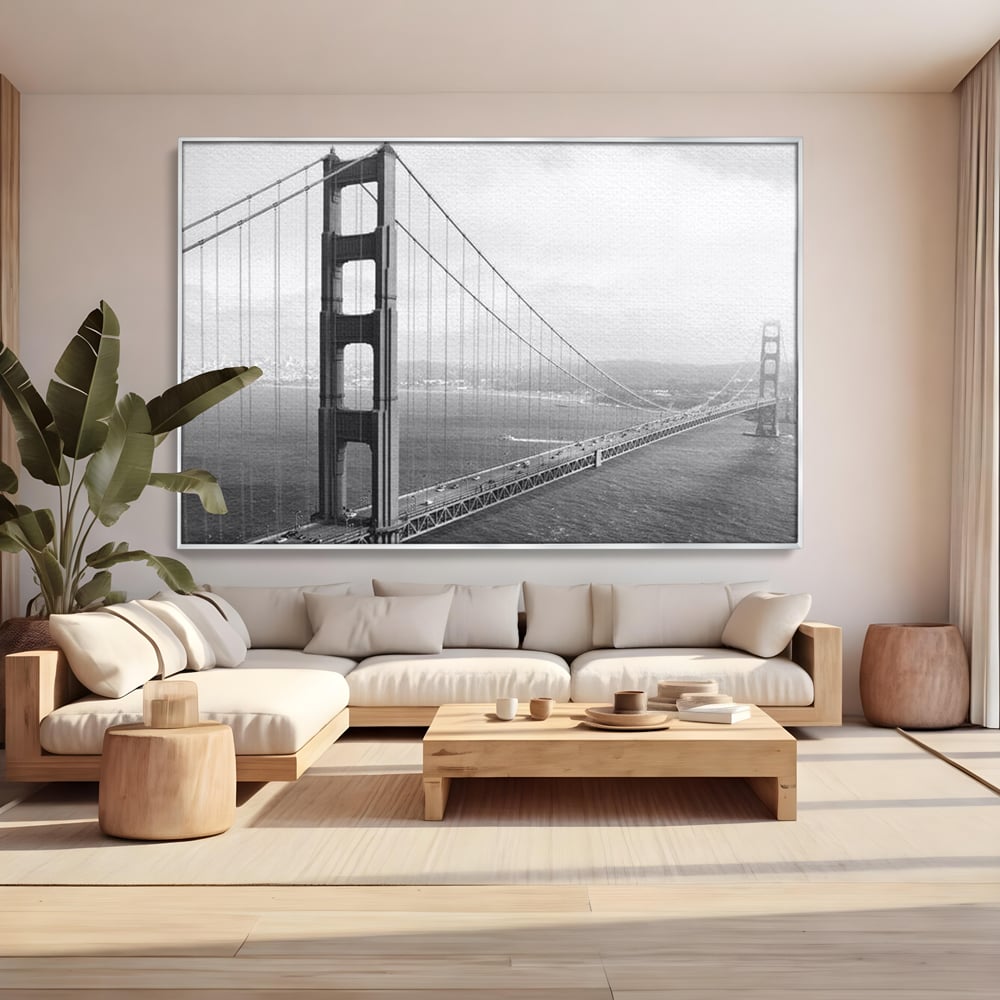 Tablou Canvas Premium, LuxCanva® O1037, Podul dintre Doua Lumi, Golden, Gate, San Francisco, Infinit, Monocrom, Pacific, Ocean, Inginerie, Suspendat, California, Forta, Birou, Living, Dormitor