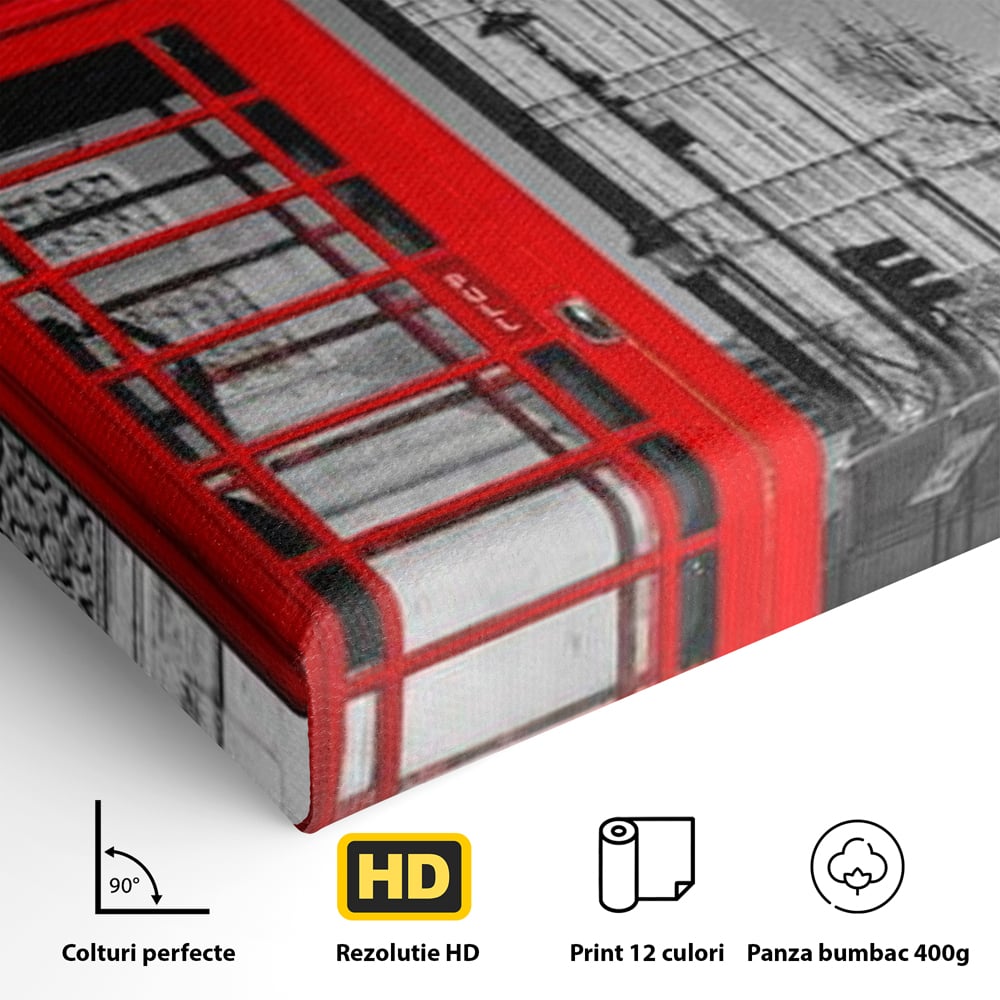 Tablou Canvas Premium, LuxCanva® O1038, Fereastra spre Londra, Britanic, Big Ben, Cabina Telefon, Londra, Capitala, Monarhie, Calatorie, Arhitectura, Traditie, Istorie, Rosu, Birou, Living, Dormitor