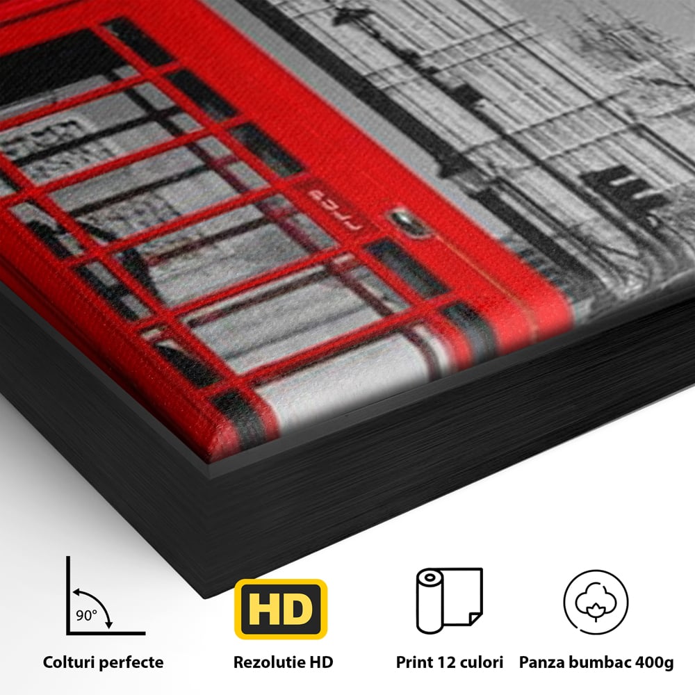 Tablou Canvas Premium, LuxCanva® O1038, Fereastra spre Londra, Britanic, Big Ben, Cabina Telefon, Londra, Capitala, Monarhie, Calatorie, Arhitectura, Traditie, Istorie, Rosu, Birou, Living, Dormitor