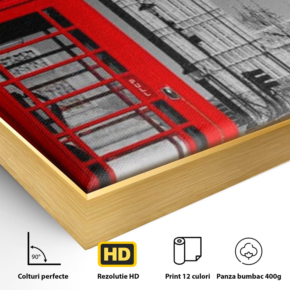 Tablou Canvas Premium, LuxCanva® O1038, Fereastra spre Londra, Britanic, Big Ben, Cabina Telefon, Londra, Capitala, Monarhie, Calatorie, Arhitectura, Traditie, Istorie, Rosu, Birou, Living, Dormitor