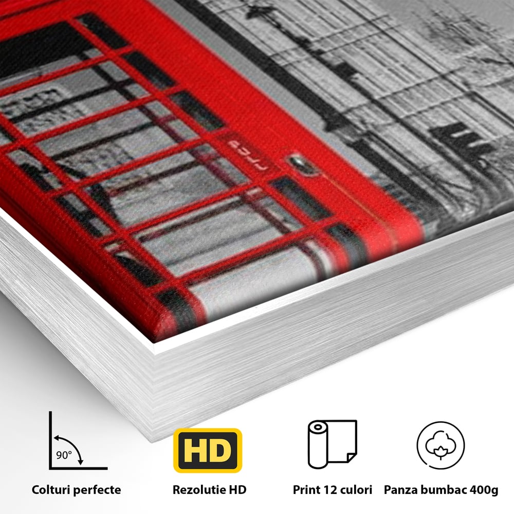 Tablou Canvas Premium, LuxCanva® O1038, Fereastra spre Londra, Britanic, Big Ben, Cabina Telefon, Londra, Capitala, Monarhie, Calatorie, Arhitectura, Traditie, Istorie, Rosu, Birou, Living, Dormitor