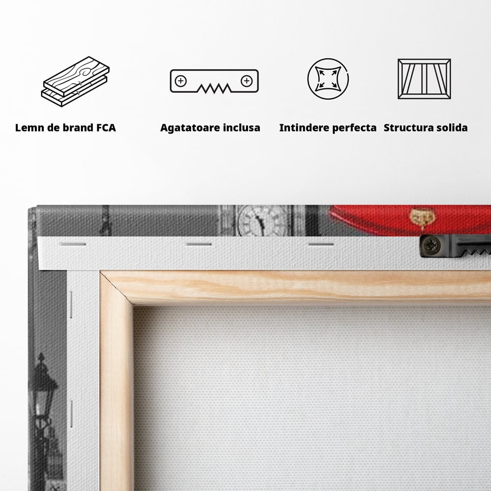 Tablou Canvas Premium, LuxCanva® O1038, Fereastra spre Londra, Britanic, Big Ben, Cabina Telefon, Londra, Capitala, Monarhie, Calatorie, Arhitectura, Traditie, Istorie, Rosu, Birou, Living, Dormitor
