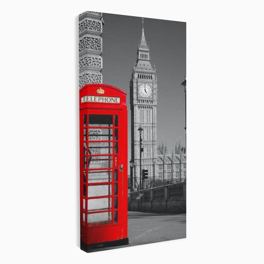Tablou Canvas Premium, LuxCanva® O1038, Fereastra spre Londra, Britanic, Big Ben, Cabina Telefon, Londra, Capitala, Monarhie, Calatorie, Arhitectura, Traditie, Istorie, Rosu, Birou, Living, Dormitor