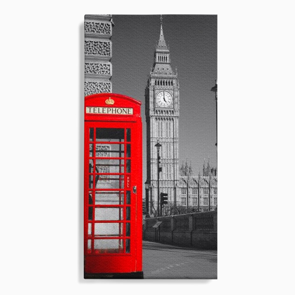 Tablou Canvas Premium, LuxCanva® O1038, Fereastra spre Londra, Britanic, Big Ben, Cabina Telefon, Londra, Capitala, Monarhie, Calatorie, Arhitectura, Traditie, Istorie, Rosu, Birou, Living, Dormitor