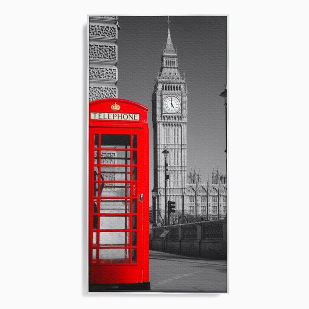 Tablou Canvas Premium, LuxCanva® O1038, Fereastra spre Londra, Britanic, Big Ben, Cabina Telefon, Londra, Capitala, Monarhie, Calatorie, Arhitectura, Traditie, Istorie, Rosu, Birou, Living, Dormitor