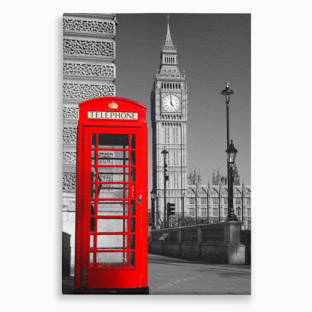 Tablou Canvas Premium, LuxCanva® O1038, Fereastra spre Londra, Britanic, Big Ben, Cabina Telefon, Londra, Capitala, Monarhie, Calatorie, Arhitectura, Traditie, Istorie, Rosu, Birou, Living, Dormitor