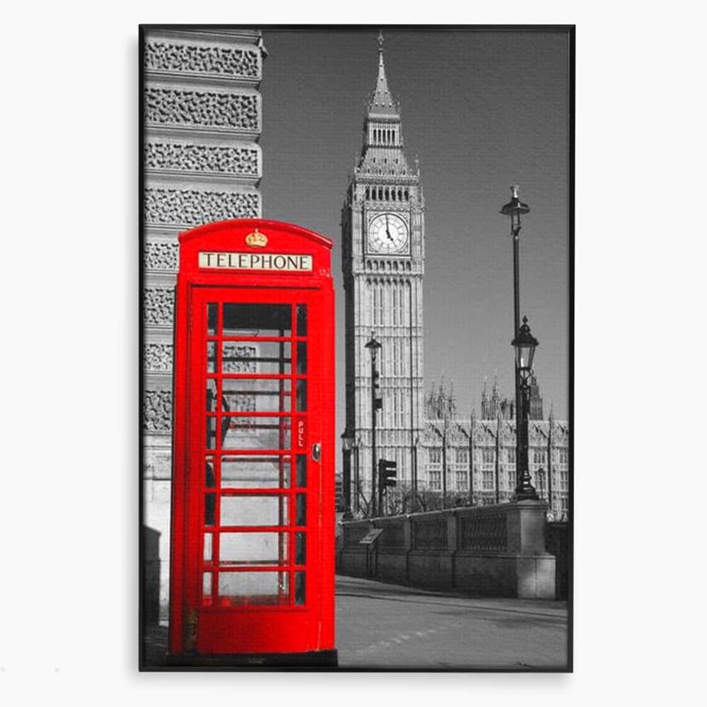 Tablou Canvas Premium, LuxCanva® O1038, Fereastra spre Londra, Britanic, Big Ben, Cabina Telefon, Londra, Capitala, Monarhie, Calatorie, Arhitectura, Traditie, Istorie, Rosu, Birou, Living, Dormitor