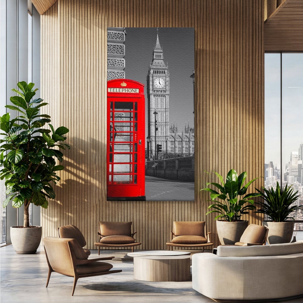 Tablou Canvas Premium, LuxCanva® O1038, Fereastra spre Londra, Britanic, Big Ben, Cabina Telefon, Londra, Capitala, Monarhie, Calatorie, Arhitectura, Traditie, Istorie, Rosu, Birou, Living, Dormitor