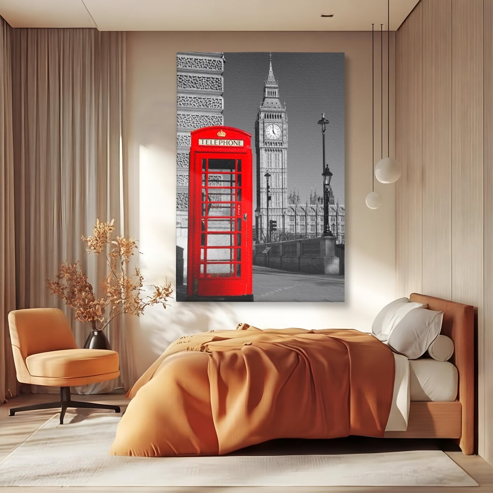 Tablou Canvas Premium, LuxCanva® O1038, Fereastra spre Londra, Britanic, Big Ben, Cabina Telefon, Londra, Capitala, Monarhie, Calatorie, Arhitectura, Traditie, Istorie, Rosu, Birou, Living, Dormitor