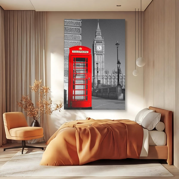 Tablou Canvas Premium, LuxCanva® O1038, Fereastra spre Londra, Britanic, Big Ben, Cabina Telefon, Londra, Capitala, Monarhie, Calatorie, Arhitectura, Traditie, Istorie, Rosu, Birou, Living, Dormitor