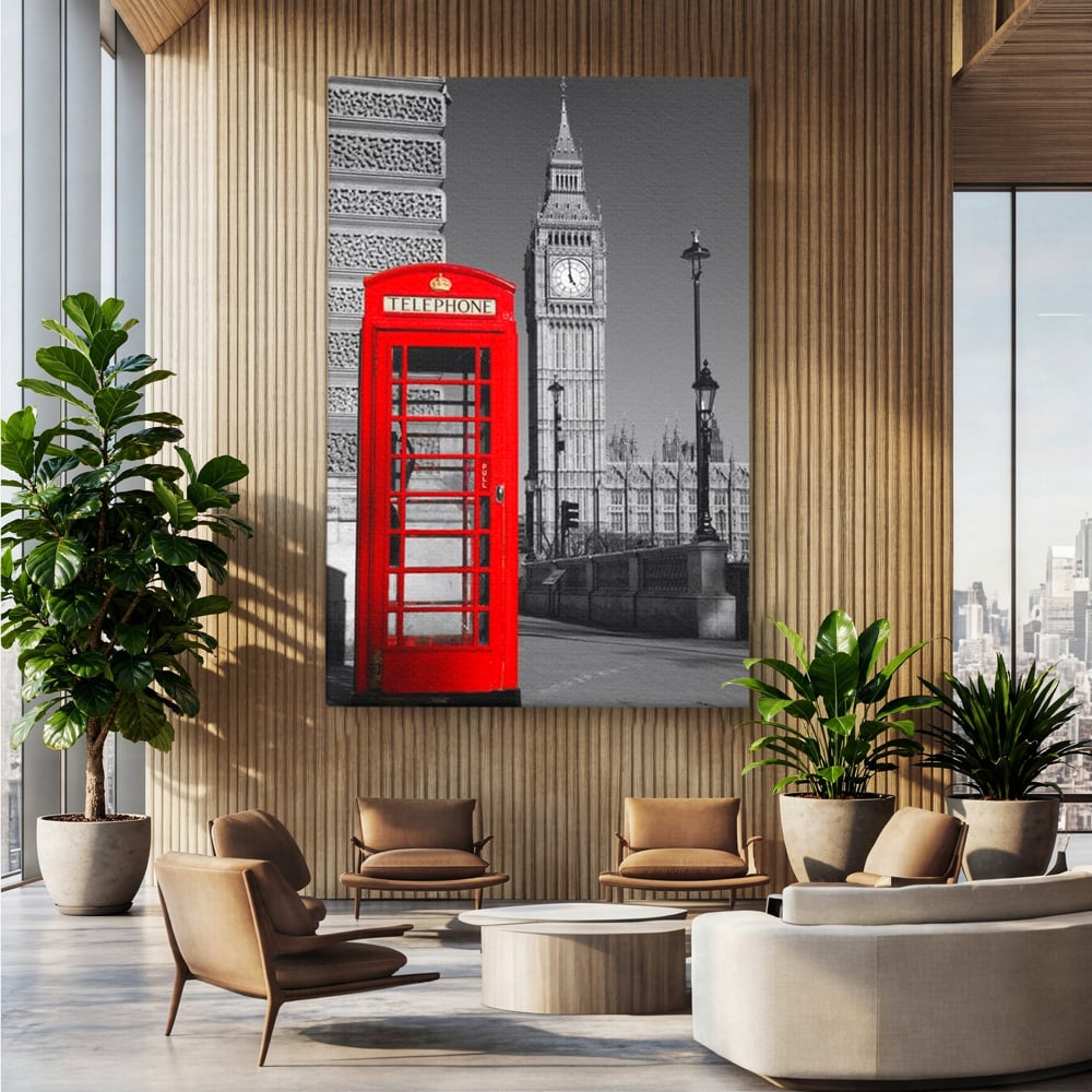 Tablou Canvas Premium, LuxCanva® O1038, Fereastra spre Londra, Britanic, Big Ben, Cabina Telefon, Londra, Capitala, Monarhie, Calatorie, Arhitectura, Traditie, Istorie, Rosu, Birou, Living, Dormitor